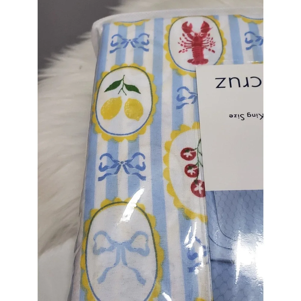 NEW 4 PIECE KING SIZE sheet set lobster ribbons fruit lemons nautical beach blue